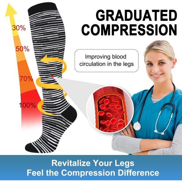 Women's Black & White 6 Pairs Compression Socks 15-20mmhg Compression Stockings - Picture 3 of 6